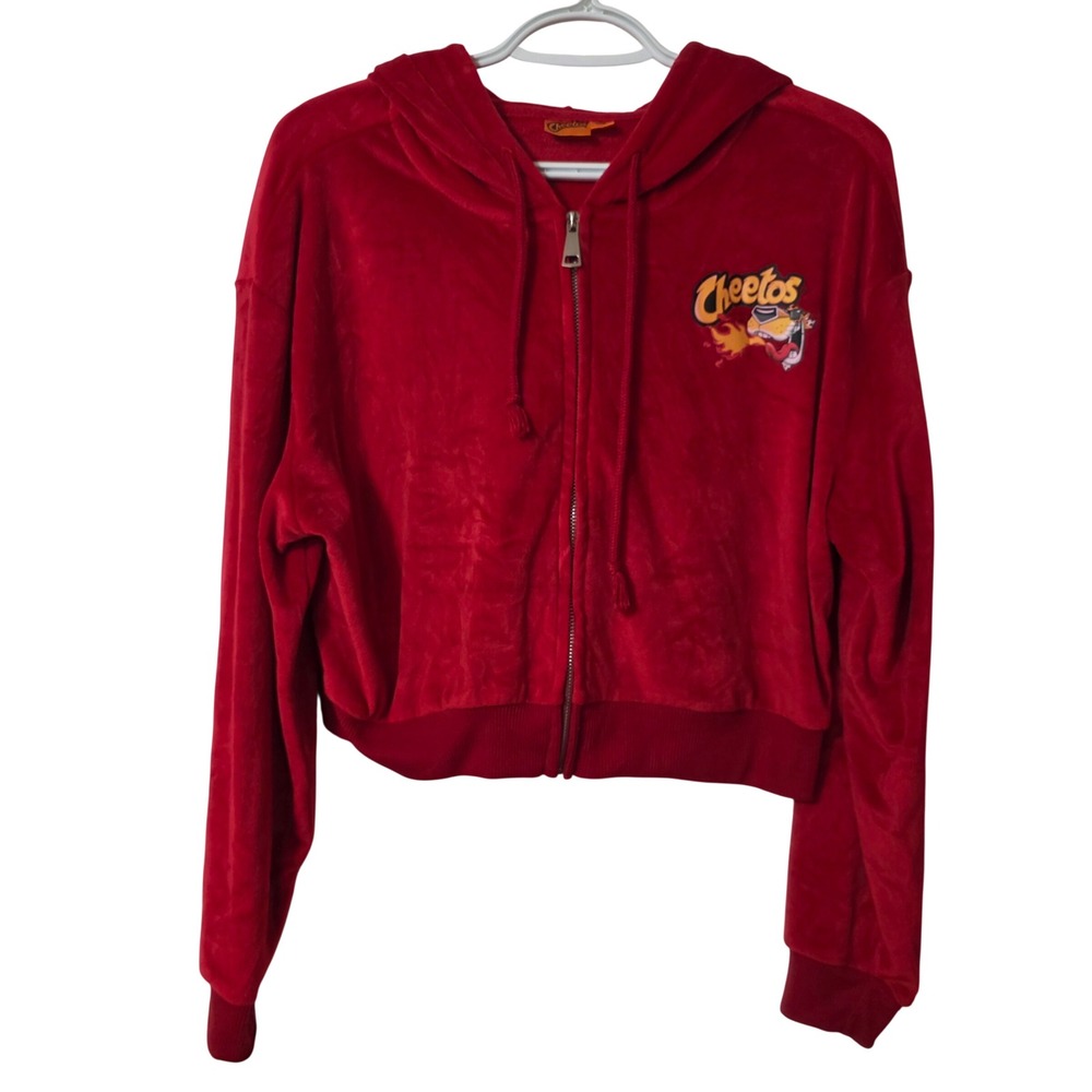 Cheetos Women Medium Zip Hoodie Red Flamin Hot Chester Cheetah Velour Cropped
